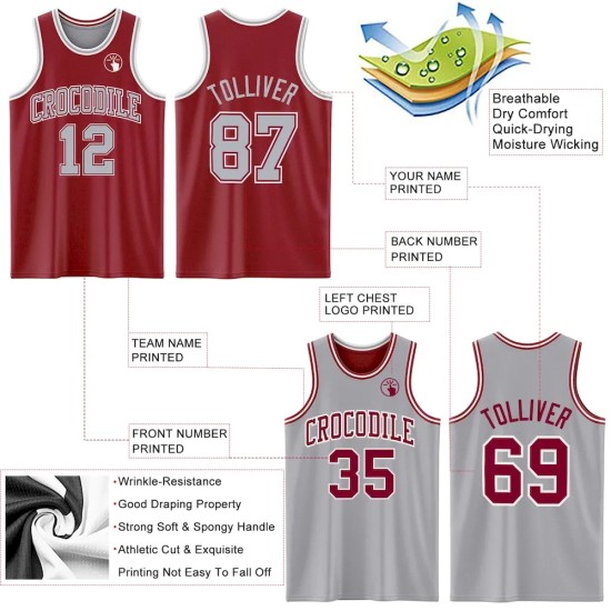 Custom Reversible Maroon Gray-White Double Side Basketball Jersey