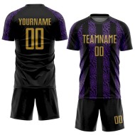 Custom Black Old Gold-Purple Abstract Shape Sublimation Soccer Uniform Jersey