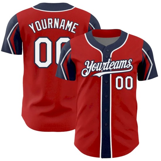 Custom Red White-Navy 3 Colors Arm Shapes Authentic Baseball Jersey Custom Red White-Navy 3 Colors Arm Shapes Authentic Baseball Jersey