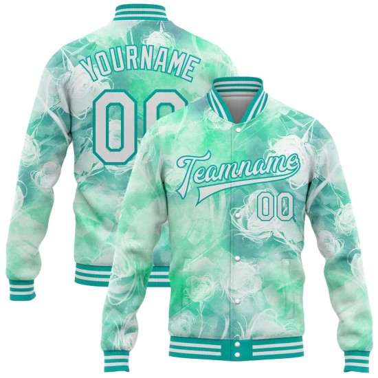 Custom Aqua White Halo Dying Rose 3D Pattern Design Bomber Full-Snap Varsity Letterman Jacket Custom Aqua White Halo Dying Rose 3D Pattern Design Bomber Full-Snap Varsity Letterman Jacket