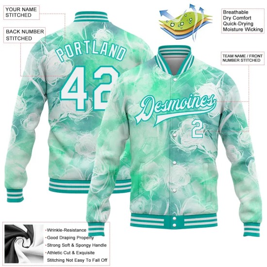 Custom Aqua White Halo Dying Rose 3D Pattern Design Bomber Full-Snap Varsity Letterman Jacket Custom Aqua White Halo Dying Rose 3D Pattern Design Bomber Full-Snap Varsity Letterman Jacket