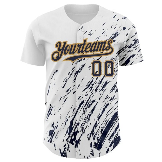 Custom White Navy-Old Gold 3D Pattern Design Abstract Splash Authentic Baseball Jersey Custom White Navy-Old Gold 3D Pattern Design Abstract Splash Authentic Baseball Jersey
