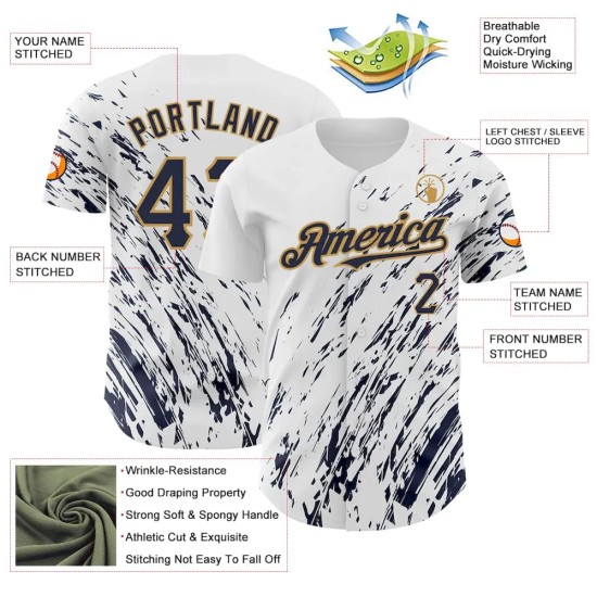 Custom White Navy-Old Gold 3D Pattern Design Abstract Splash Authentic Baseball Jersey Custom White Navy-Old Gold 3D Pattern Design Abstract Splash Authentic Baseball Jersey