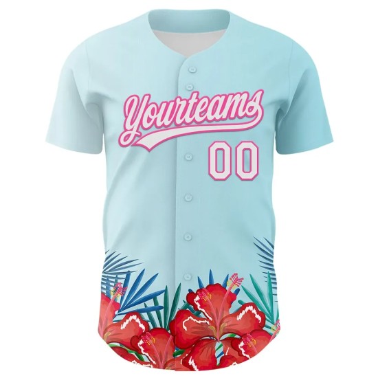 Custom Ice Blue White-Pink 3D Pattern Design Mother's Day Flower Authentic Baseball Jersey Custom Ice Blue White-Pink 3D Pattern Design Mother's Day Flower Authentic Baseball Jersey
