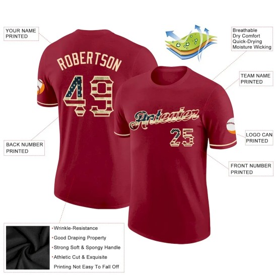 Custom Crimson Vintage USA Flag-City Cream Performance T-Shirt Custom Crimson Vintage USA Flag-City Cream Performance T-Shirt