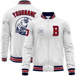 Custom White Red-Navy Bomber Varsity Letterman Zipper Jacket