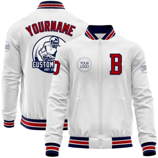 Custom White Red-Navy Bomber Varsity Letterman Zipper Jacket