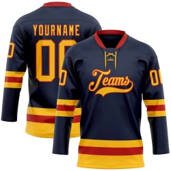 Custom Navy Gold-Red Hockey Lace Neck Jersey