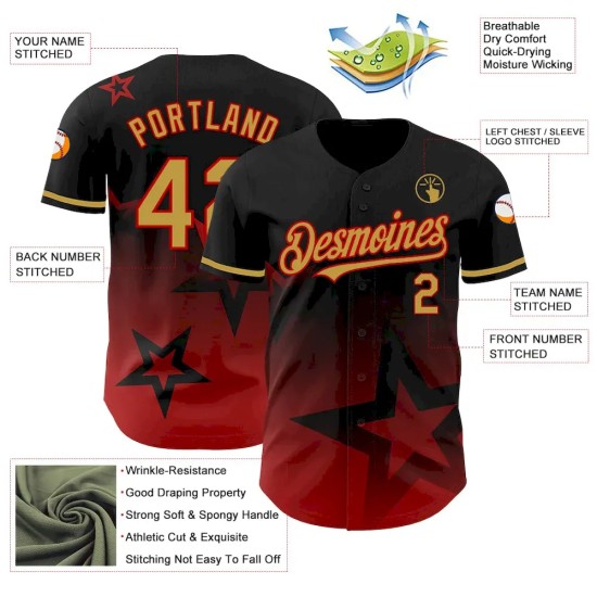 Custom Black Old Gold-Red 3D Pattern Design Gradient Style Twinkle Star Authentic Baseball Jersey Custom Black Old Gold-Red 3D Pattern Design Gradient Style Twinkle Star Authentic Baseball Jersey